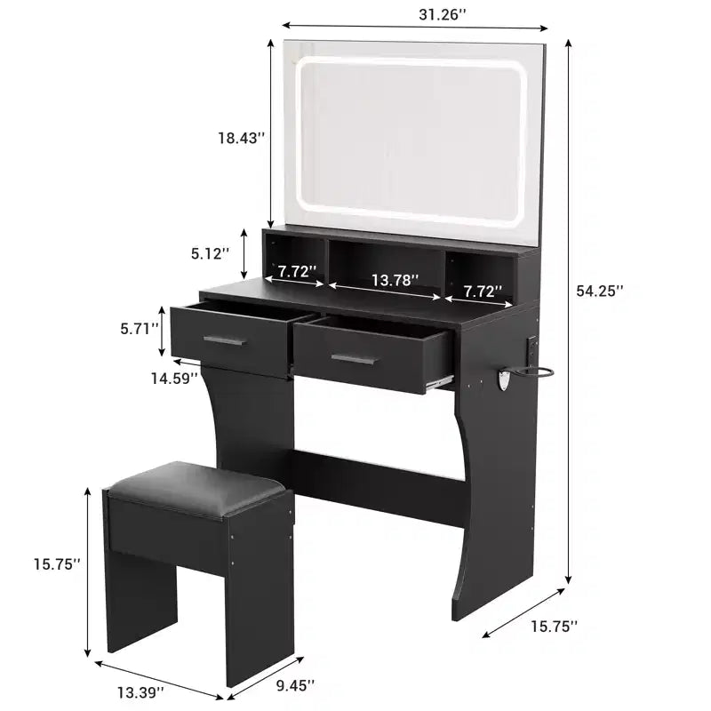 Juego de tocador con espejo LED de 31.5 y luces, mesa de maquillaje con 2 cajones, taburete, toma de corriente, 3 modos de iluminación de color, para dormitorio, negro
