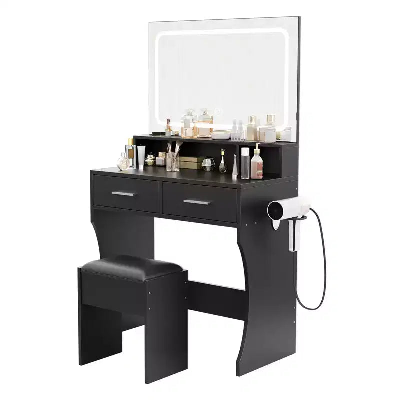 Juego de tocador con espejo LED de 31.5 y luces, mesa de maquillaje con 2 cajones, taburete, toma de corriente, 3 modos de iluminación de color, para dormitorio, negro