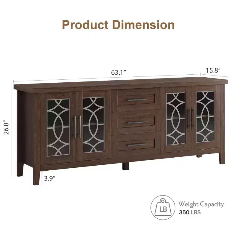 TV-Schrank im Landhausstil mit Glastür für Fernseher bis 70 In, TV-Schrank mit 3 Schubladen, rustikales Entertainment-Center, TV-Möbel für Wohnzimmer und Schlafzimmer
