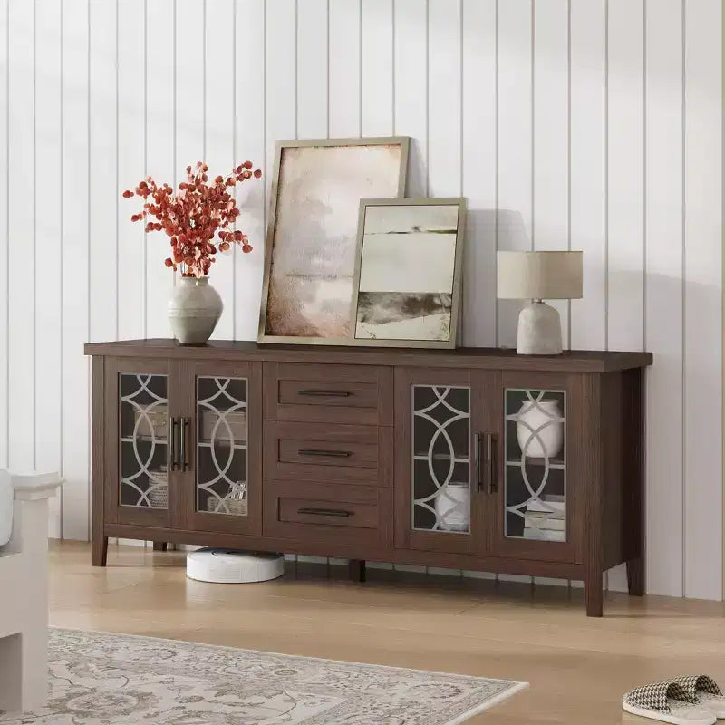 TV-Schrank im Landhausstil mit Glastür für Fernseher bis 70 In, TV-Schrank mit 3 Schubladen, rustikales Entertainment-Center, TV-Möbel für Wohnzimmer und Schlafzimmer