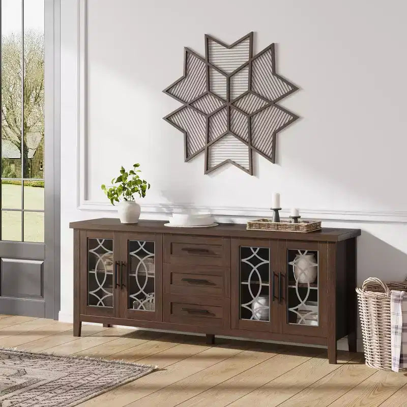 TV-Schrank im Landhausstil mit Glastür für Fernseher bis 70 In, TV-Schrank mit 3 Schubladen, rustikales Entertainment-Center, TV-Möbel für Wohnzimmer und Schlafzimmer