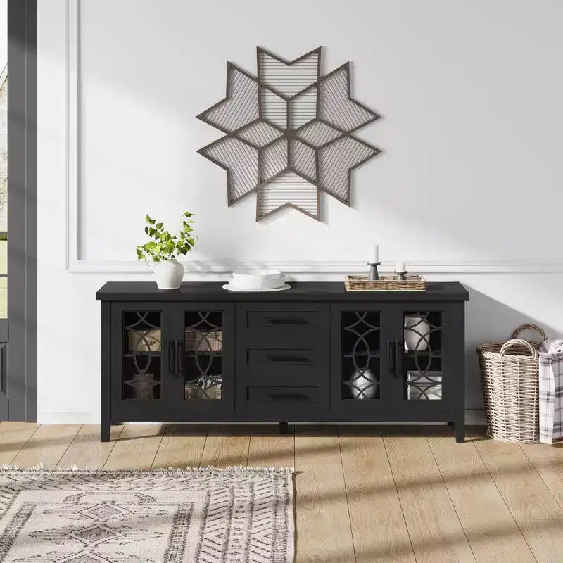 TV-Schrank im Landhausstil mit Glastür für Fernseher bis 70 In, TV-Schrank mit 3 Schubladen, rustikales Entertainment-Center, TV-Möbel für Wohnzimmer und Schlafzimmer