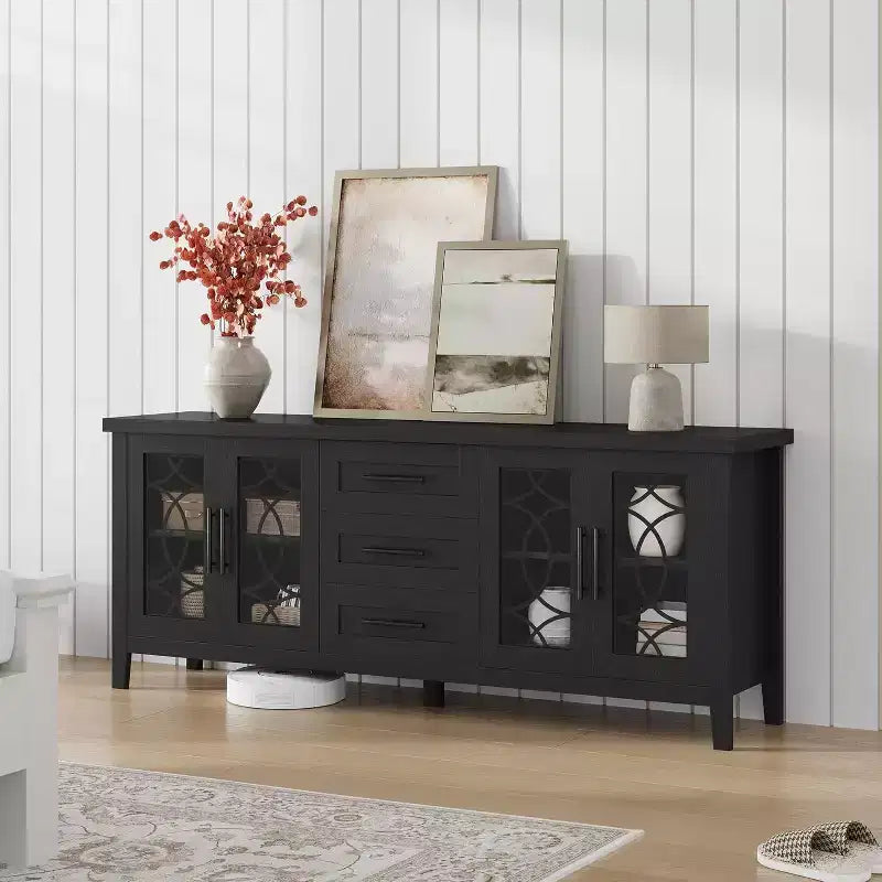 TV-Schrank im Landhausstil mit Glastür für Fernseher bis 70 In, TV-Schrank mit 3 Schubladen, rustikales Entertainment-Center, TV-Möbel für Wohnzimmer und Schlafzimmer