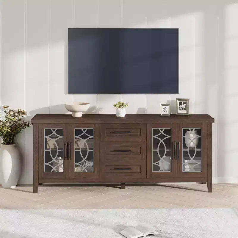 TV-Schrank im Landhausstil mit Glastür für Fernseher bis 70 In, TV-Schrank mit 3 Schubladen, rustikales Entertainment-Center, TV-Möbel für Wohnzimmer und Schlafzimmer
