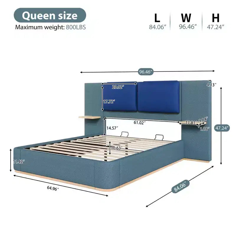 Estructura de cama tipo plataforma tapizada, con protección contra golpes y esquinas redondeadas y suaves, estantes de almacenamiento laterales y cabecero acolchado de PU