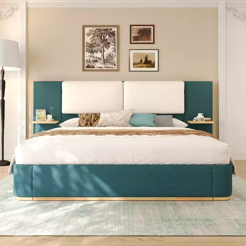 Estructura de cama tipo plataforma tapizada, con protección contra golpes y esquinas redondeadas y suaves, estantes de almacenamiento laterales y cabecero acolchado de PU