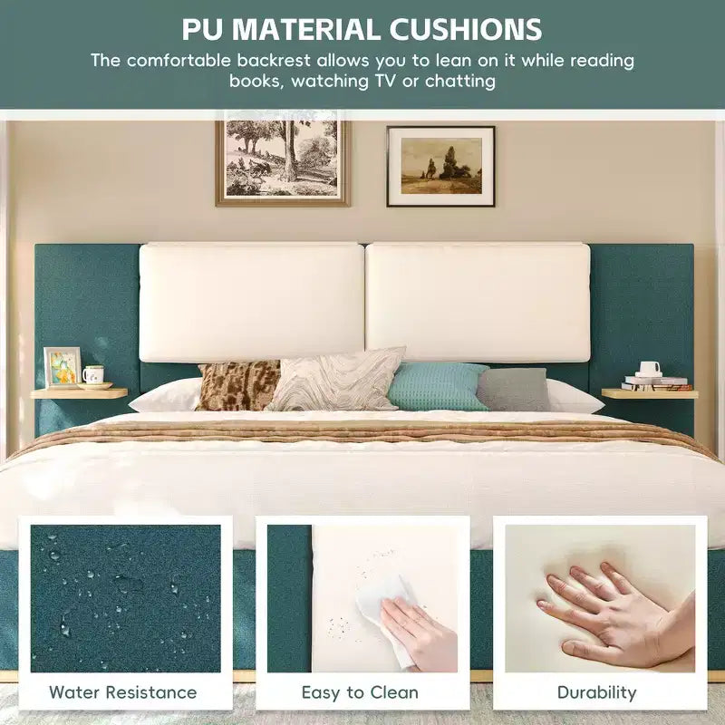 Estructura de cama tipo plataforma tapizada, con protección contra golpes y esquinas redondeadas y suaves, estantes de almacenamiento laterales y cabecero acolchado de PU