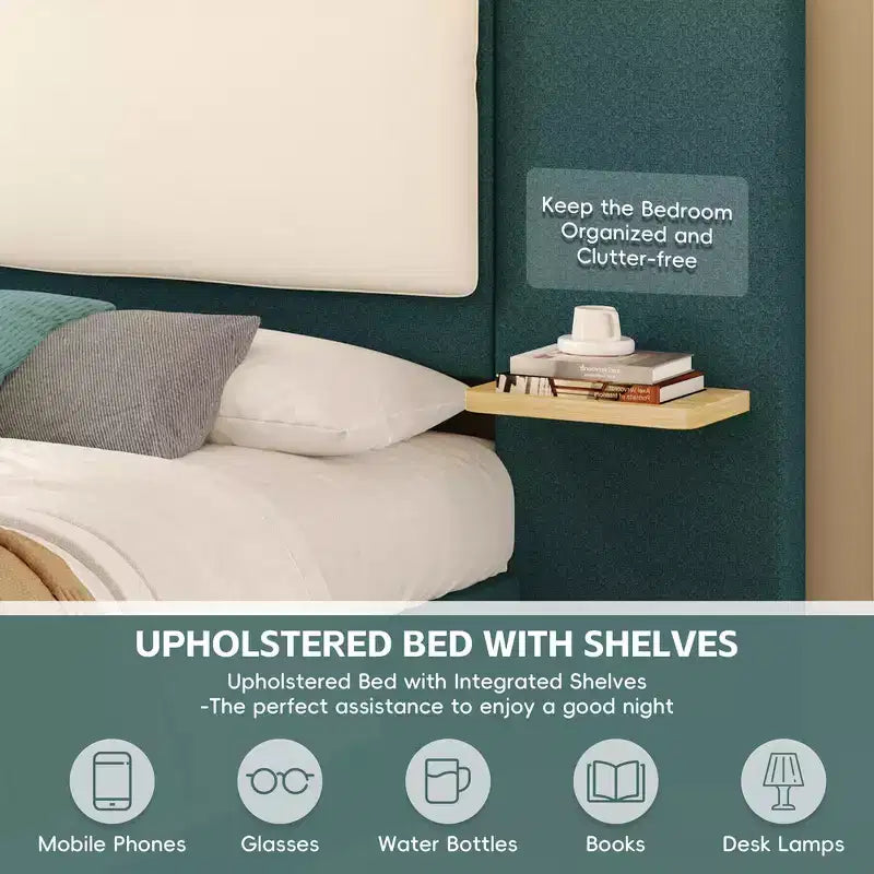 Estructura de cama tipo plataforma tapizada, con protección contra golpes y esquinas redondeadas y suaves, estantes de almacenamiento laterales y cabecero acolchado de PU