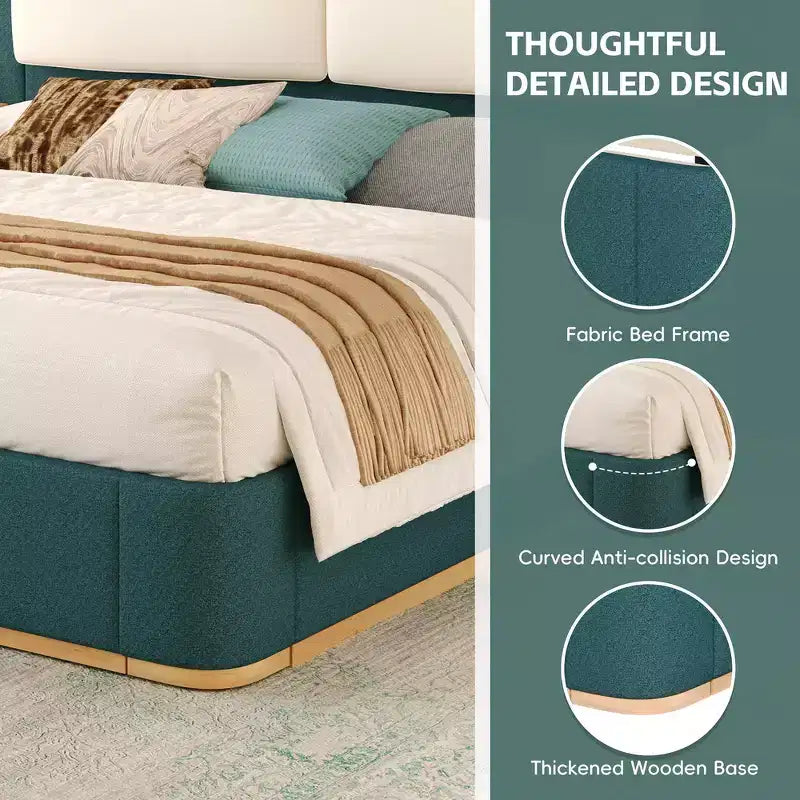 Estructura de cama tipo plataforma tapizada, con protección contra golpes y esquinas redondeadas y suaves, estantes de almacenamiento laterales y cabecero acolchado de PU
