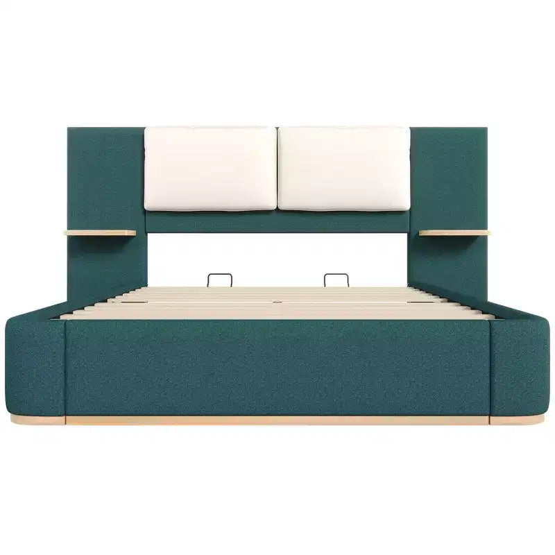 Estructura de cama tipo plataforma tapizada, con protección contra golpes y esquinas redondeadas y suaves, estantes de almacenamiento laterales y cabecero acolchado de PU