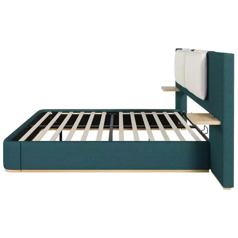 Estructura de cama tipo plataforma tapizada, con protección contra golpes y esquinas redondeadas y suaves, estantes de almacenamiento laterales y cabecero acolchado de PU