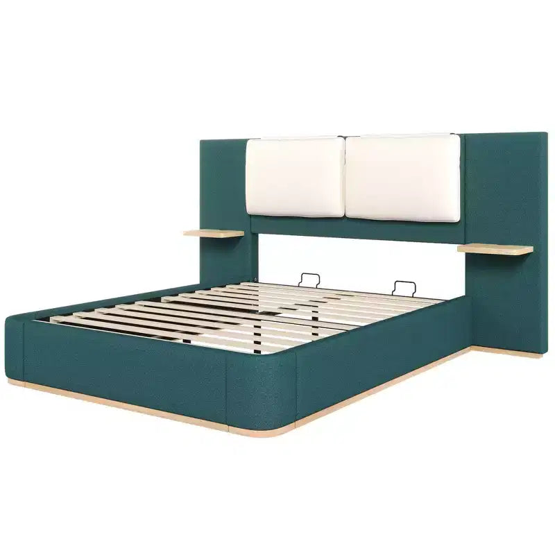 Estructura de cama tipo plataforma tapizada, con protección contra golpes y esquinas redondeadas y suaves, estantes de almacenamiento laterales y cabecero acolchado de PU
