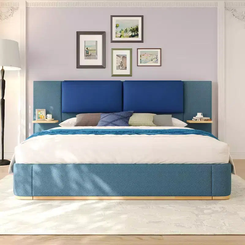 Estructura de cama tipo plataforma tapizada, con protección contra golpes y esquinas redondeadas y suaves, estantes de almacenamiento laterales y cabecero acolchado de PU
