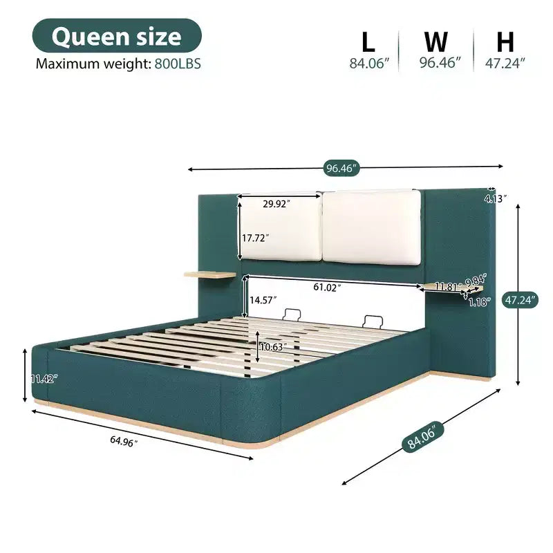 Estructura de cama tipo plataforma tapizada, con protección contra golpes y esquinas redondeadas y suaves, estantes de almacenamiento laterales y cabecero acolchado de PU