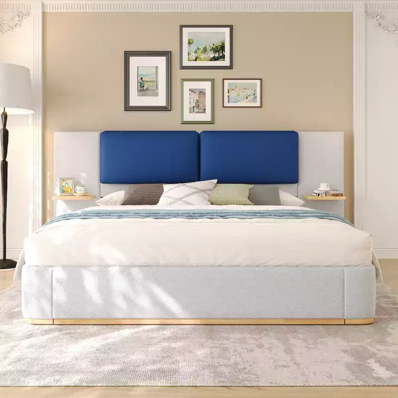 Estructura de cama tipo plataforma tapizada, con protección contra golpes y esquinas redondeadas y suaves, estantes de almacenamiento laterales y cabecero acolchado de PU