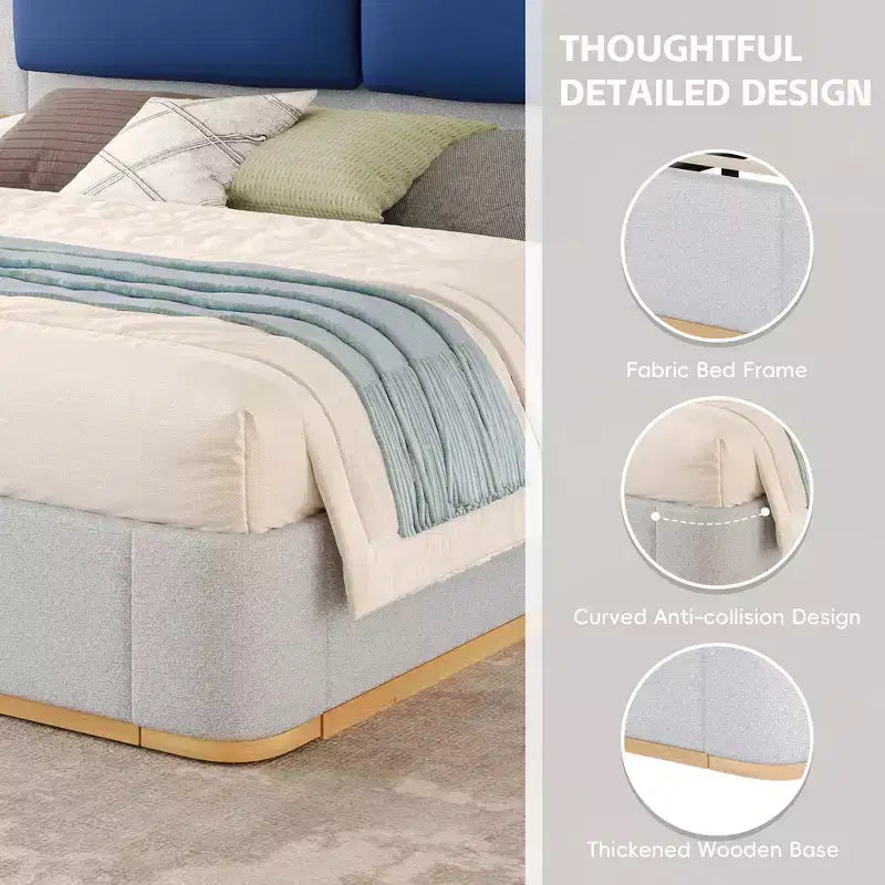 Estructura de cama tipo plataforma tapizada, con protección contra golpes y esquinas redondeadas y suaves, estantes de almacenamiento laterales y cabecero acolchado de PU