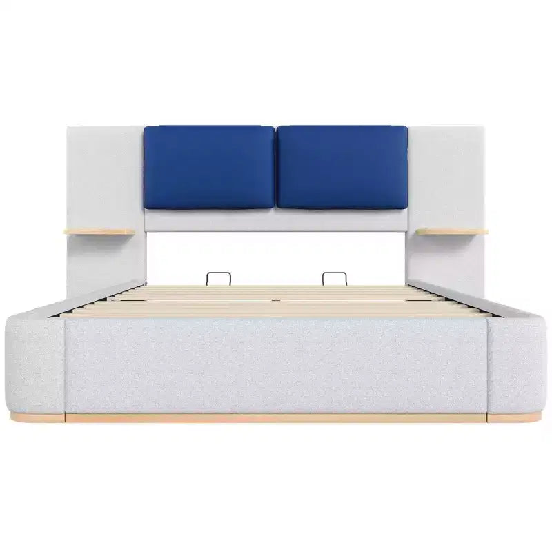Estructura de cama tipo plataforma tapizada, con protección contra golpes y esquinas redondeadas y suaves, estantes de almacenamiento laterales y cabecero acolchado de PU