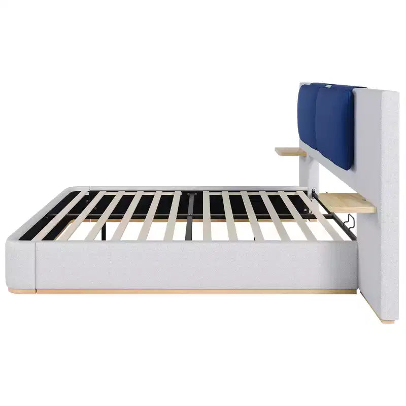 Estructura de cama tipo plataforma tapizada, con protección contra golpes y esquinas redondeadas y suaves, estantes de almacenamiento laterales y cabecero acolchado de PU