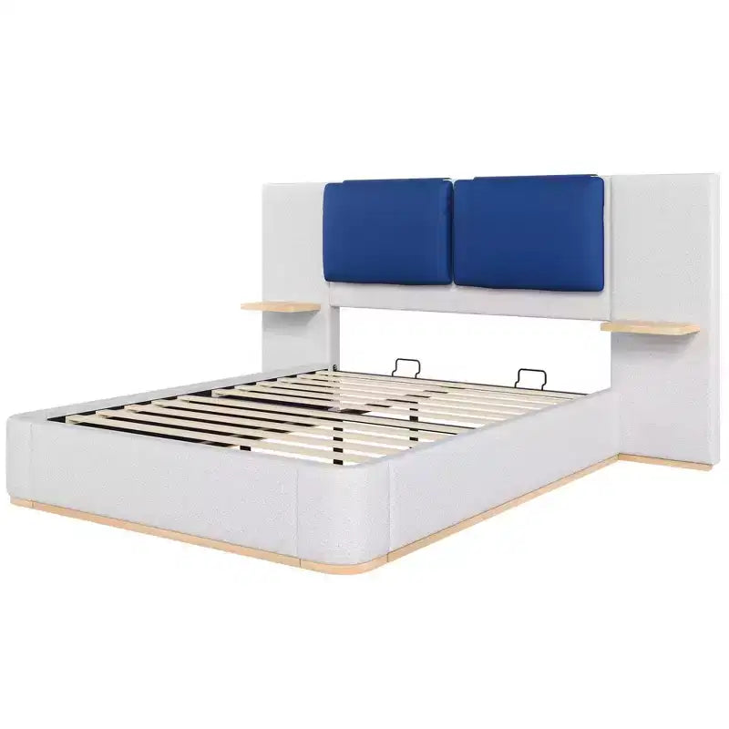 Estructura de cama tipo plataforma tapizada, con protección contra golpes y esquinas redondeadas y suaves, estantes de almacenamiento laterales y cabecero acolchado de PU