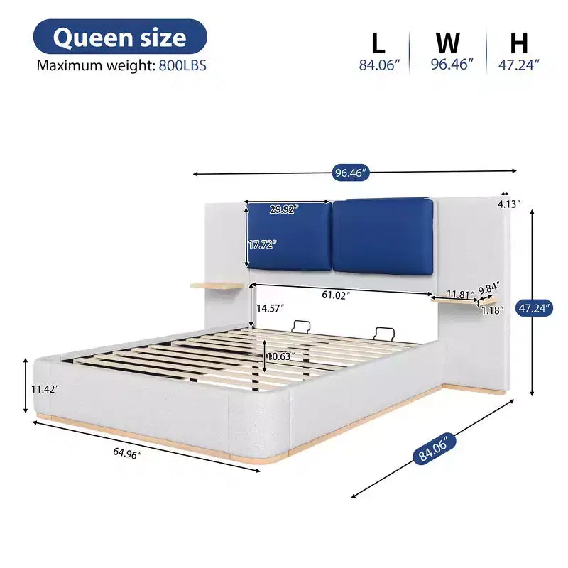 Estructura de cama tipo plataforma tapizada, con protección contra golpes y esquinas redondeadas y suaves, estantes de almacenamiento laterales y cabecero acolchado de PU