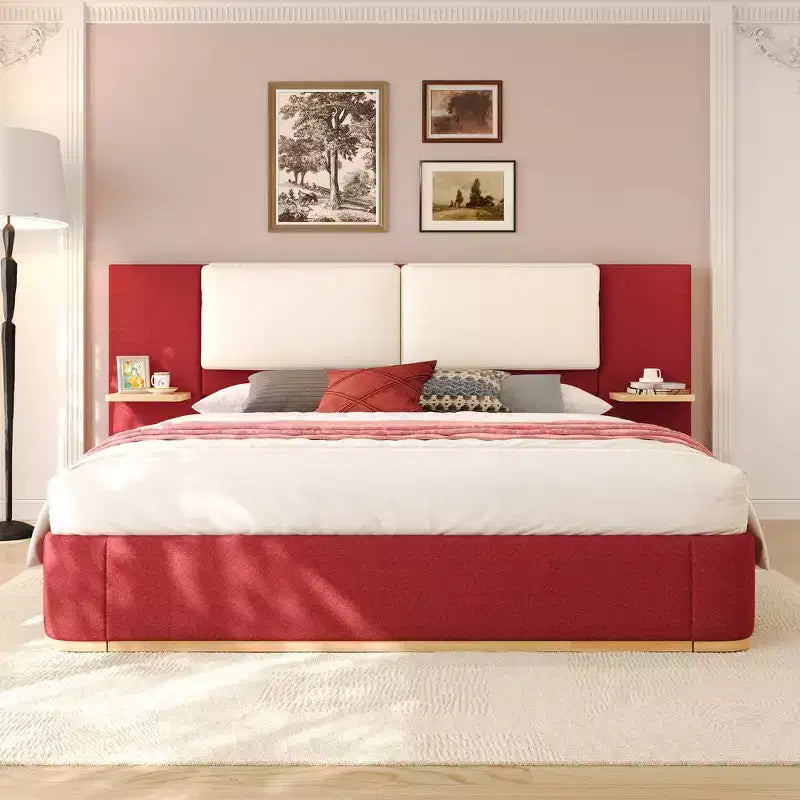 Estructura de cama tipo plataforma tapizada, con protección contra golpes y esquinas redondeadas y suaves, estantes de almacenamiento laterales y cabecero acolchado de PU