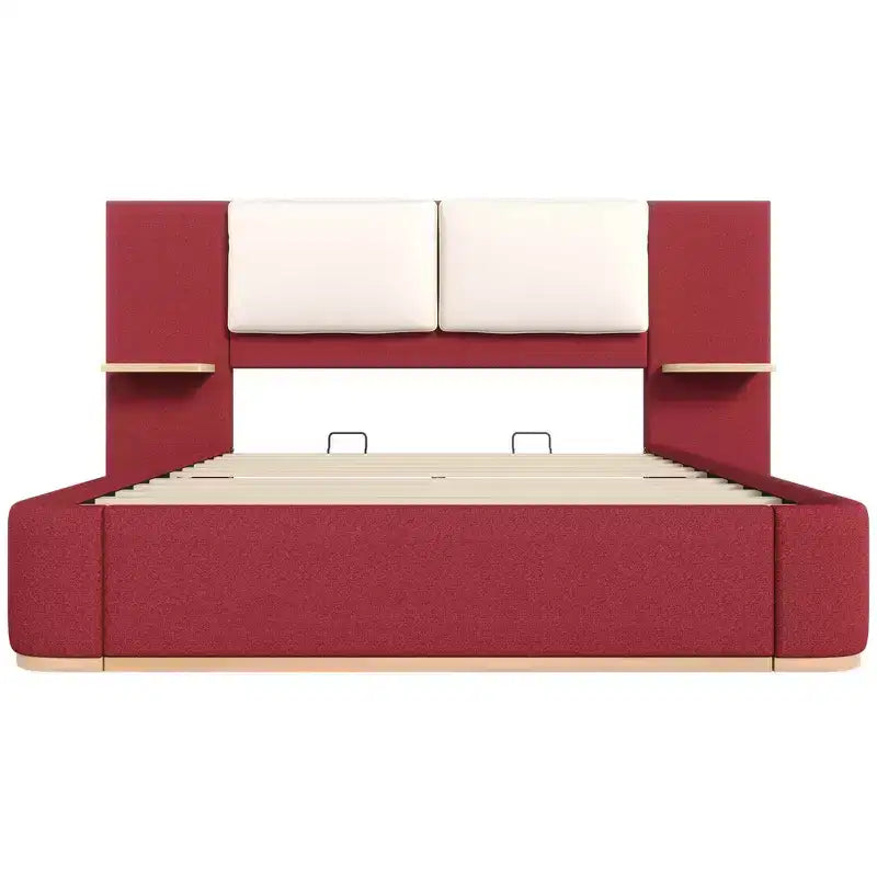 Estructura de cama tipo plataforma tapizada, con protección contra golpes y esquinas redondeadas y suaves, estantes de almacenamiento laterales y cabecero acolchado de PU