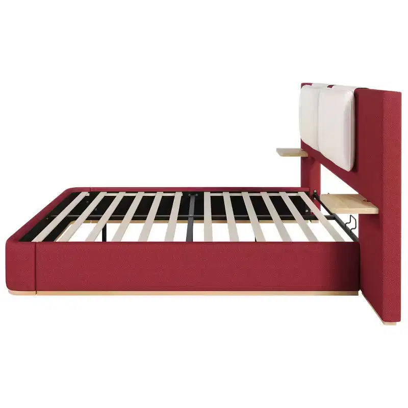 Estructura de cama tipo plataforma tapizada, con protección contra golpes y esquinas redondeadas y suaves, estantes de almacenamiento laterales y cabecero acolchado de PU