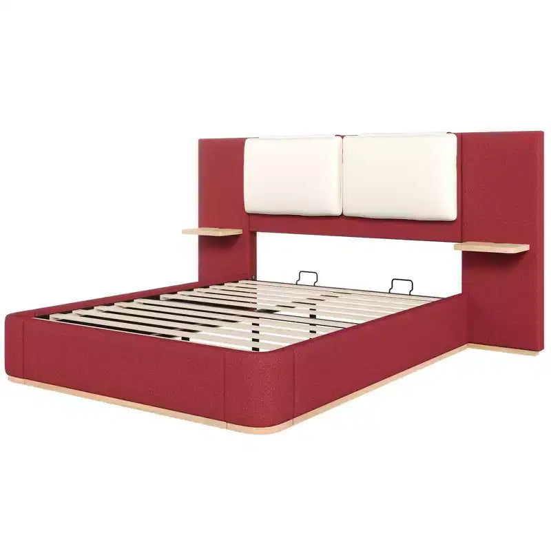 Estructura de cama tipo plataforma tapizada, con protección contra golpes y esquinas redondeadas y suaves, estantes de almacenamiento laterales y cabecero acolchado de PU