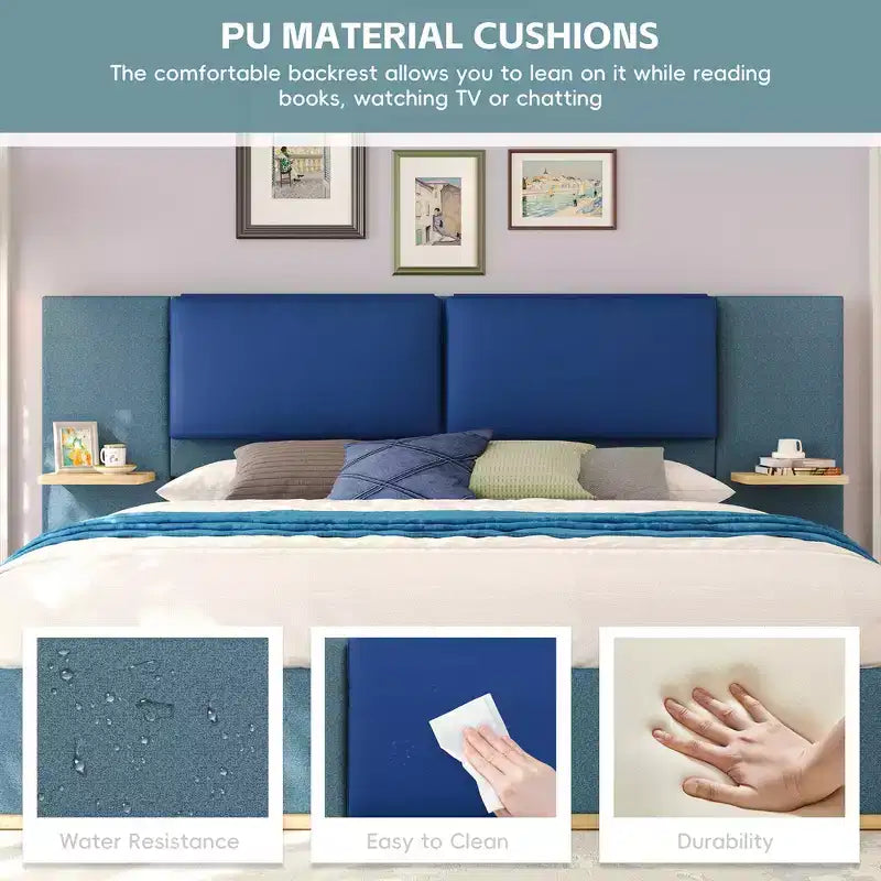 Estructura de cama tipo plataforma tapizada, con protección contra golpes y esquinas redondeadas y suaves, estantes de almacenamiento laterales y cabecero acolchado de PU