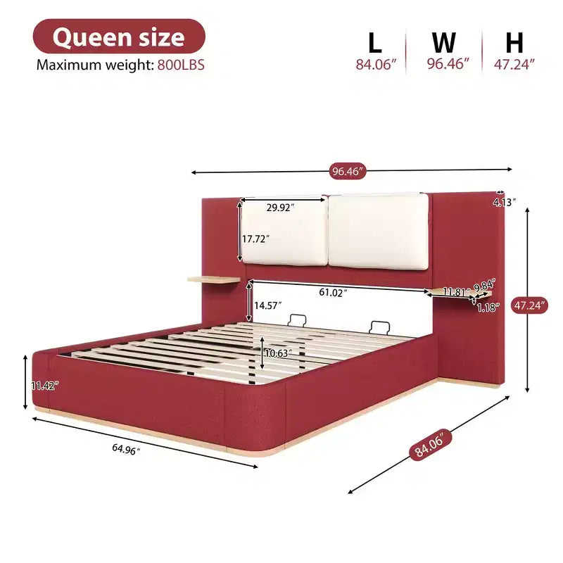 Estructura de cama tipo plataforma tapizada, con protección contra golpes y esquinas redondeadas y suaves, estantes de almacenamiento laterales y cabecero acolchado de PU