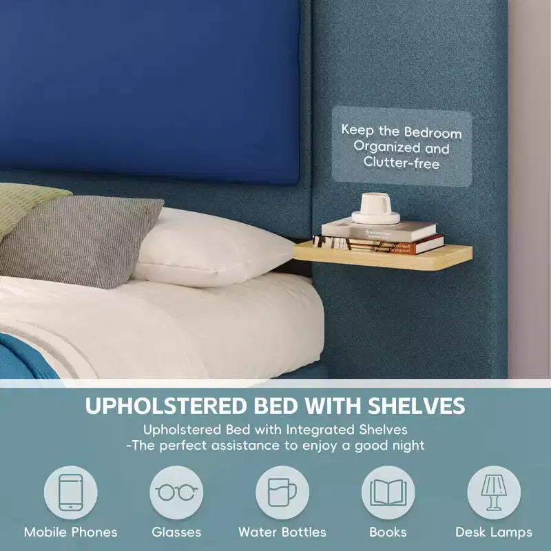Estructura de cama tipo plataforma tapizada, con protección contra golpes y esquinas redondeadas y suaves, estantes de almacenamiento laterales y cabecero acolchado de PU