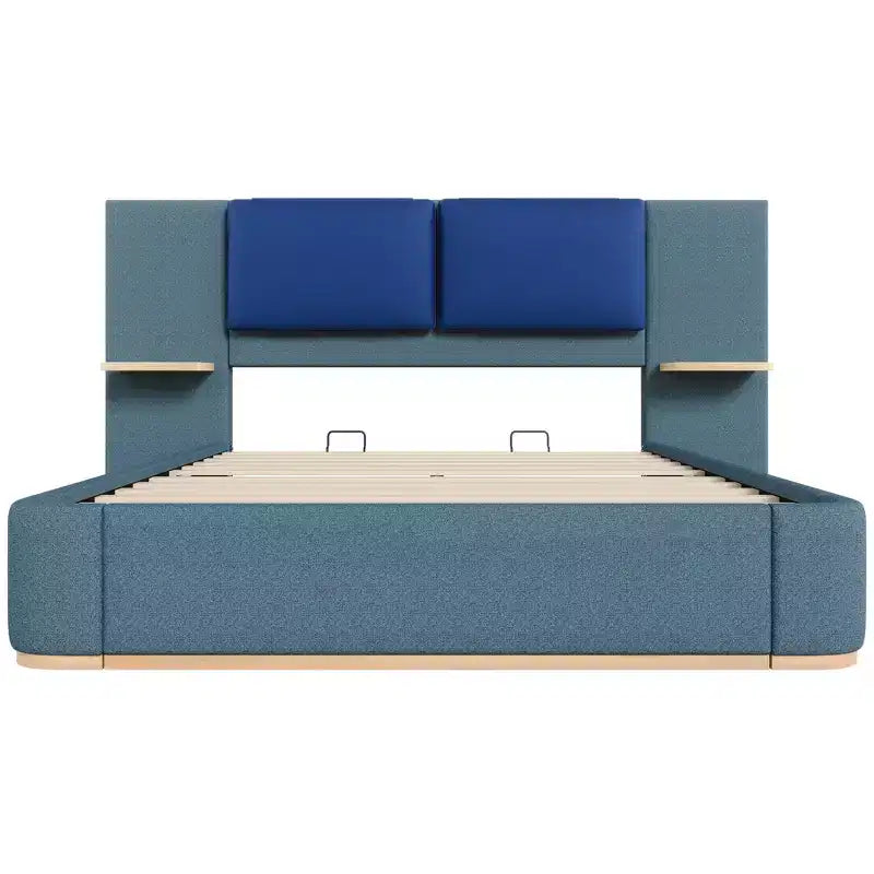 Estructura de cama tipo plataforma tapizada, con protección contra golpes y esquinas redondeadas y suaves, estantes de almacenamiento laterales y cabecero acolchado de PU
