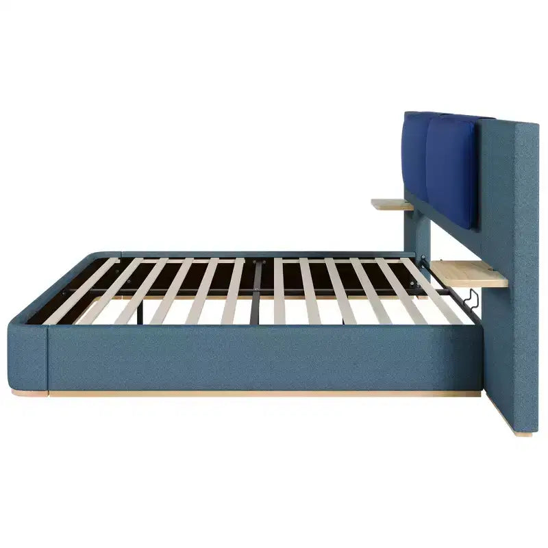 Estructura de cama tipo plataforma tapizada, con protección contra golpes y esquinas redondeadas y suaves, estantes de almacenamiento laterales y cabecero acolchado de PU