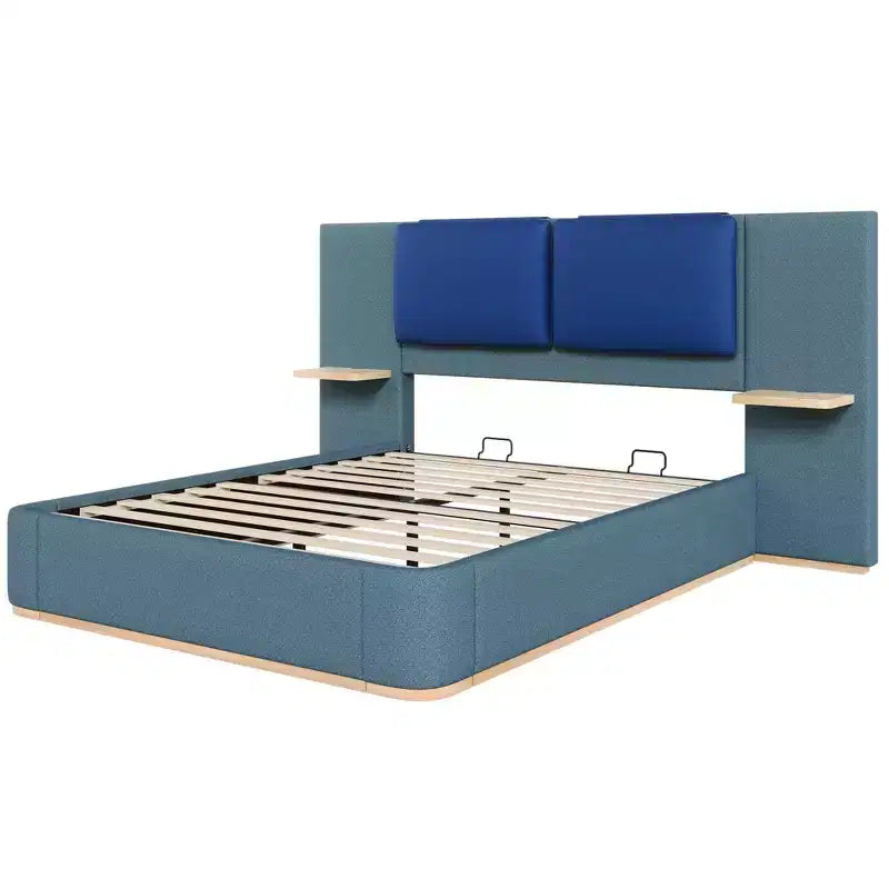 Estructura de cama tipo plataforma tapizada, con protección contra golpes y esquinas redondeadas y suaves, estantes de almacenamiento laterales y cabecero acolchado de PU
