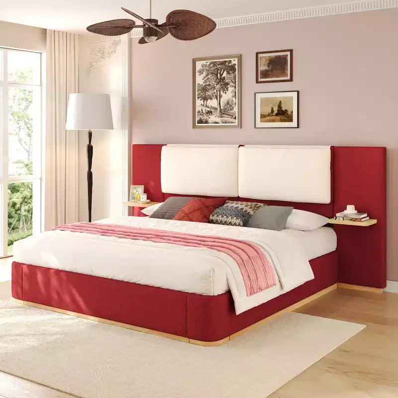 Estructura de cama tipo plataforma tapizada, con protección contra golpes y esquinas redondeadas y suaves, estantes de almacenamiento laterales y cabecero acolchado de PU