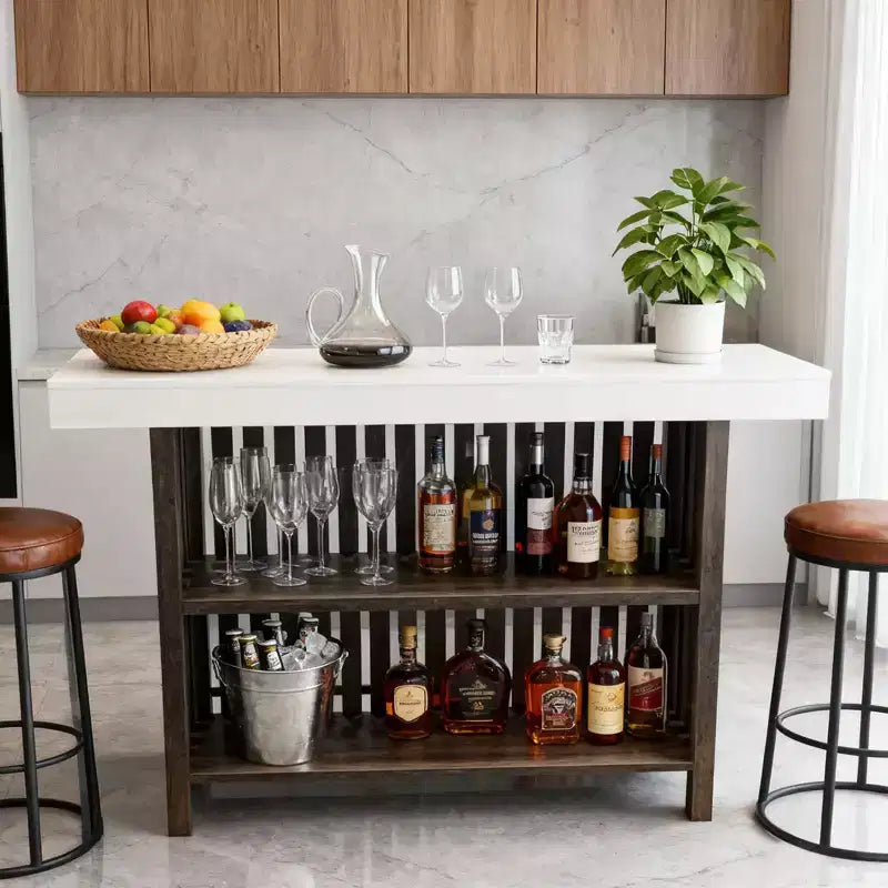 63 in, table de bar en bois moderne de style rustique, hauteur comptoir, avec repose-pieds et rangement à 2 niveaux, pour cuisine et salle à manger, bois blanc rustique