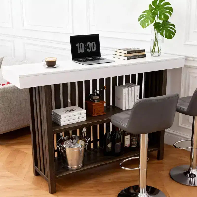 63 in, mesa alta de madera de estilo rústico moderno, con reposapiés y almacenamiento de 2 niveles, para cocina y comedor, madera rústica blanca