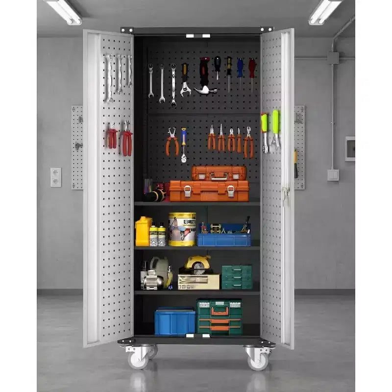 Garvee 72 Metal Cabinet, Garage Storage Cabinet with Wheels and Pegboard for Home, Office, Silver/Black