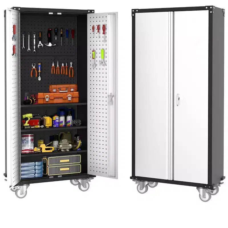 72 Metallschrank, Garagenschrank mit Rollen und Lochwand für Zuhause und Büro, Silber/Schwarz