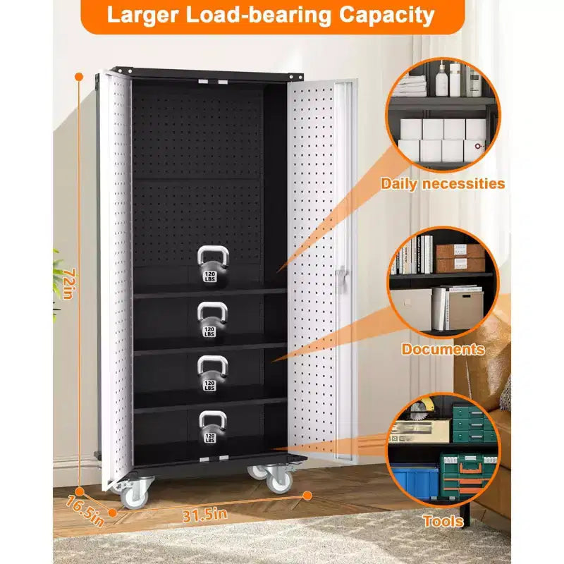 72 Metallschrank, Garagenschrank mit Rollen und Lochwand für Zuhause und Büro, Silber/Schwarz