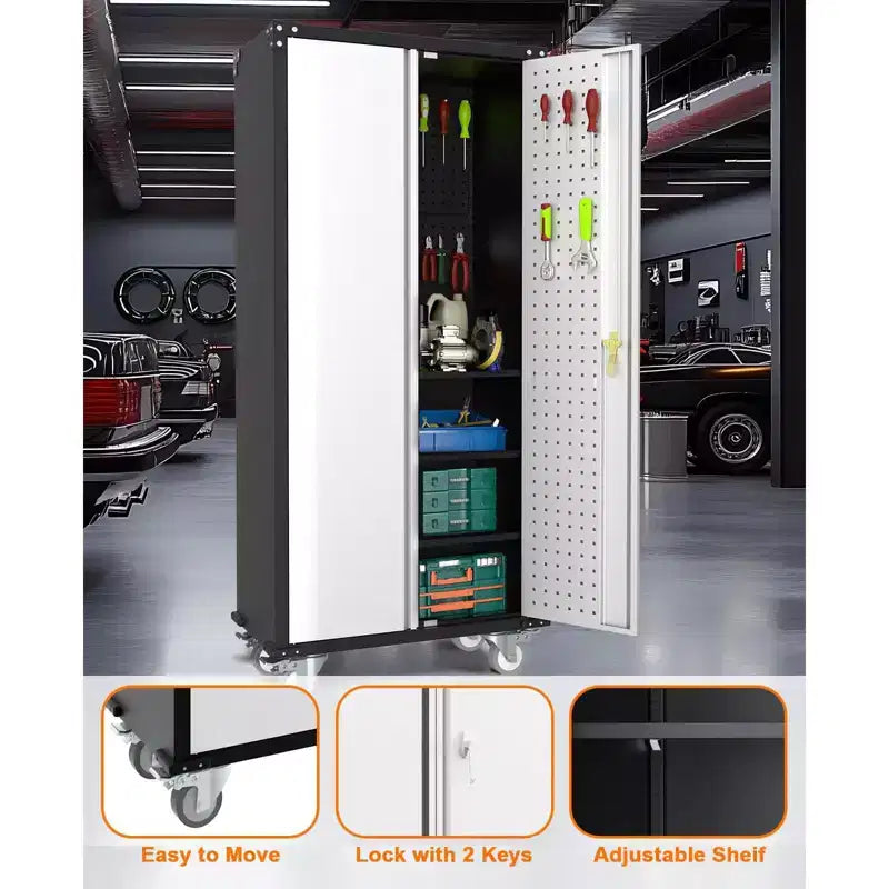 72 Metallschrank, Garagenschrank mit Rollen und Lochwand für Zuhause und Büro, Silber/Schwarz