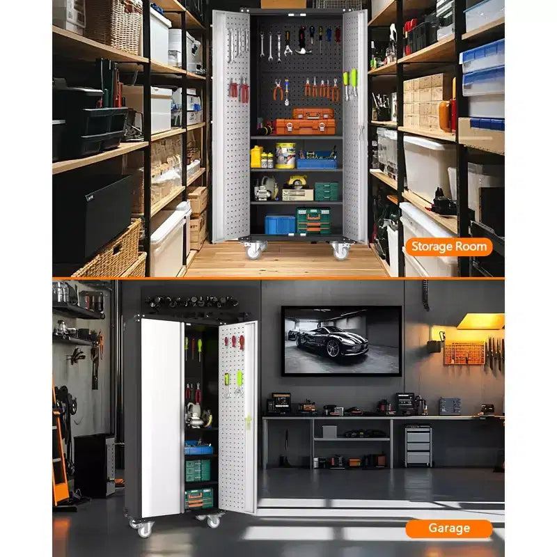 72 Metallschrank, Garagenschrank mit Rollen und Lochwand für Zuhause und Büro, Silber/Schwarz