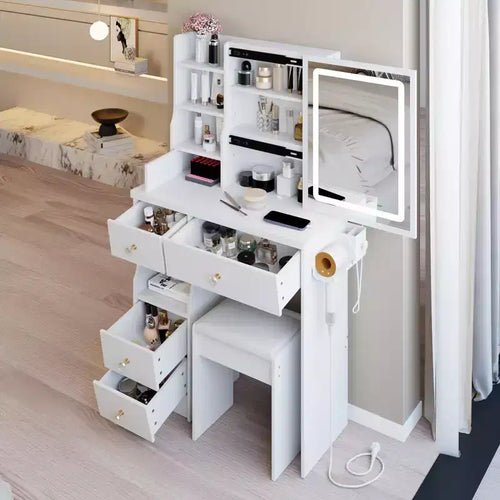 29.2-Inch Natural Vanity Desk with LED Mirror, Organized Storage, Built-In Power Hub, Hair Dryer Stand, and Hair Dryer Bracket for Small Spaces