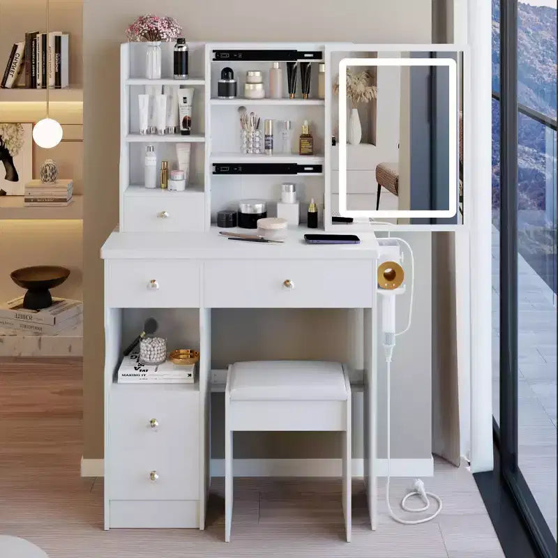 Tocador de 29.2 pulgadas en acabado natural, con espejo LED, almacenamiento organizado, centro de alimentación integrado, soporte para secador de pelo y soporte para secador de pelo, ideal para espacios pequeños