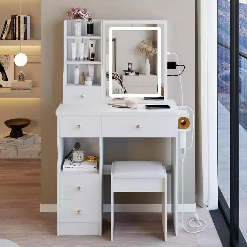 Tocador de 29.2 pulgadas en acabado natural, con espejo LED, almacenamiento organizado, centro de alimentación integrado, soporte para secador de pelo y soporte para secador de pelo, ideal para espacios pequeños