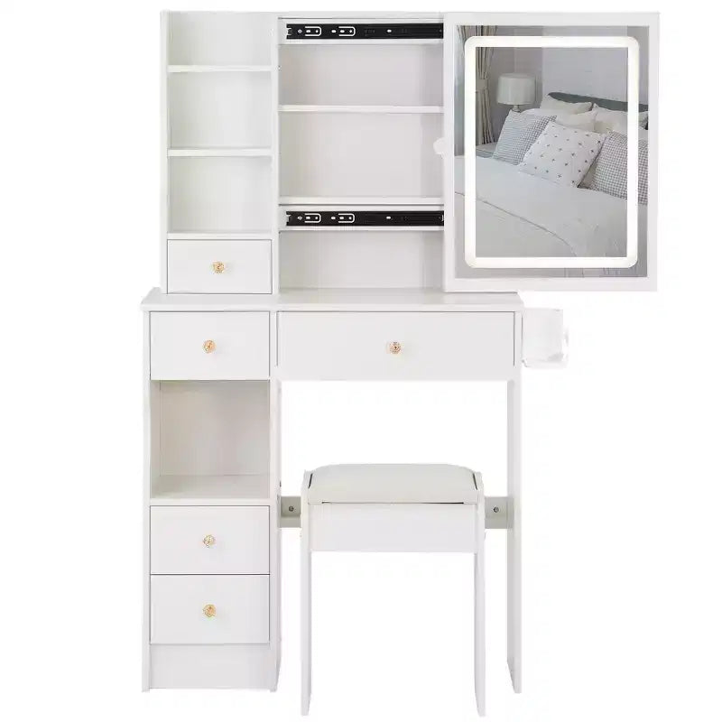 Tocador de 29.2 pulgadas en acabado natural, con espejo LED, almacenamiento organizado, centro de alimentación integrado, soporte para secador de pelo y soporte para secador de pelo, ideal para espacios pequeños