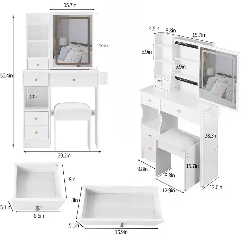 Tocador de 29.2 pulgadas en acabado natural, con espejo LED, almacenamiento organizado, centro de alimentación integrado, soporte para secador de pelo y soporte para secador de pelo, ideal para espacios pequeños