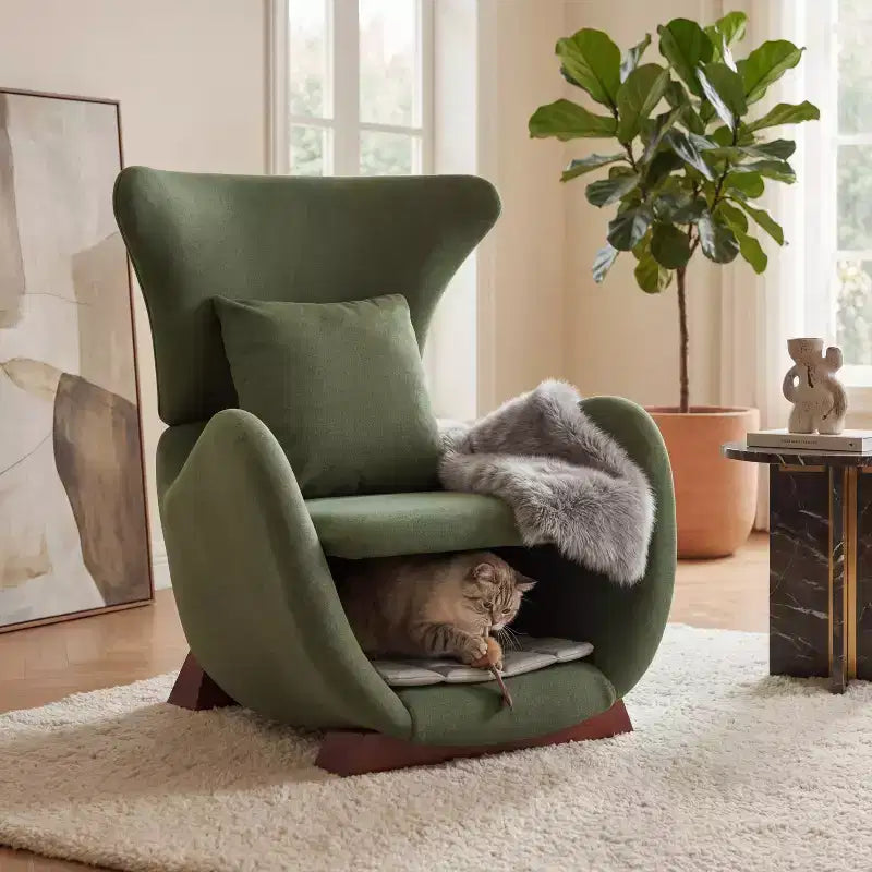Haustierfreundlicher Akzentstuhl mit integrierter Katzennische, moderner Sessel mit zwei Ebenen, gemütlicher Loungesessel mit Haustierbett