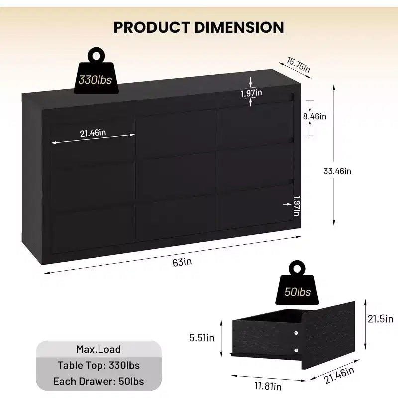 Moderne Schlafzimmerkommode mit 9 Schubladen, breite Schubladenkommode mit Kippsicherung, Holzschrank und TV-Ständer für Kleiderschrank, Wohnzimmer