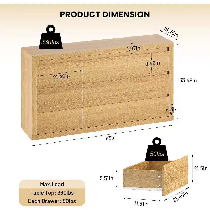 Moderne Schlafzimmerkommode mit 9 Schubladen, breite Schubladenkommode mit Kippsicherung, Holzschrank und TV-Ständer für Kleiderschrank, Wohnzimmer